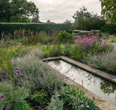 Naturalistic modern garden design featuring shallow water rill, Wilmslow