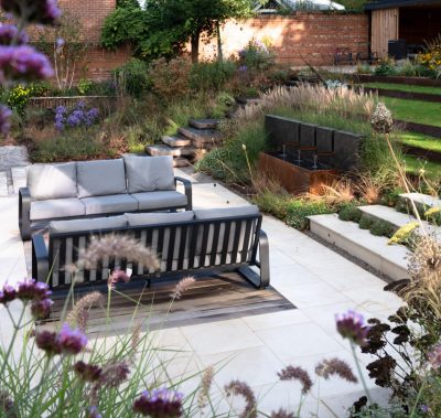 Contemporary, terraced and naturalistic garden, Warrington