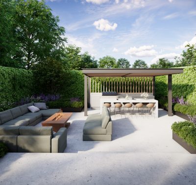 Luxury outdoor kitchen and seating area with luxury cantilevered concrete fire table