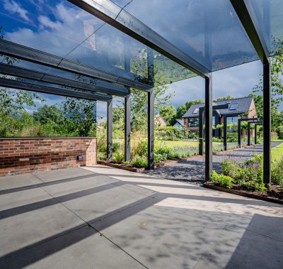 Glass roof steel pergola