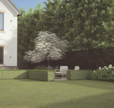 Hale front garden design seating area