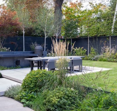outdoor kitchen and dining space