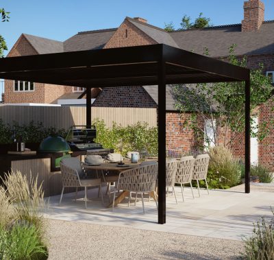 Outdoor kitchen and dining space under bioclimatic pergola